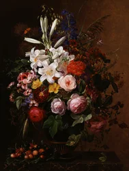 Lírios, pelargoniums e rosas num vaso grego. Pintura de Johan Laurentz Jensen (1800-1856) Coleção particular.