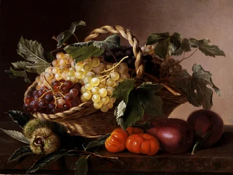 Natureza-morta de beringelas, tomates, castanhas e uvas. Pintura de Johan Laurentz Jensen (1800-1856) Coleção particular.