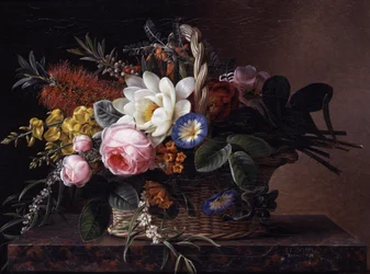 Natureza-morta de calistemónios, lírios, giestas, rosas e convulvus. Pintura de Johan Laurentz Jensen (1800-1856) Coleção particular.