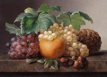 Natureza-morta de uvas, amoras, laranja e ananás. Pintura de Johan Laurentz Jensen (1800-1856) Coleção particular.