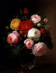 Natureza morta de rosas num vaso de vidro. Pintura de Johan Laurentz Jensen (1800-1856 dinamarquês) Coleção Privee