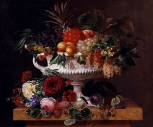 Urna clássica com groselhas, alperces, avelãs e groselhas negras. Pintura de Johan Laurentz Jensen (1800-1856) Coleção particular.