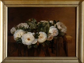 JL Jensen, coroa de rosas brancas