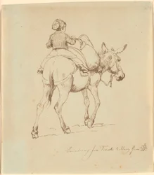 Um menino sentado em um burro carregado, visto por trás