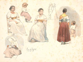 Quatro estudos de mulheres italianas, um com uma criança na mão, bem como um estudo de uma criança e um estudo de um varredor de rua