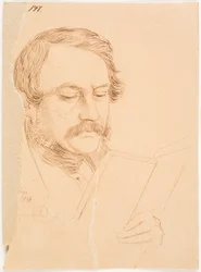 Retrato de homem, de frente, ligeiramente voltado para a direita, a ler.