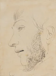 Retrato de homem de perfil para a esquerda, visto de baixo