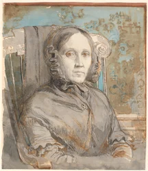 Retrato da mãe do artista, Coronel Cathrine Lundbye (nascida Bonnevie); meia figura sentada na cadeira à direita.