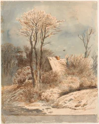 Paisagem de neve com casa entre árvores