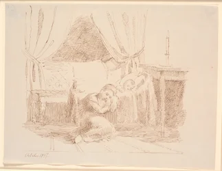 Interior do quarto com uma menina sentada no chão a dormir, encostada a um berço com uma criança a dormir