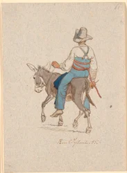 Cavaleiro de burro visto obliquamente por trás