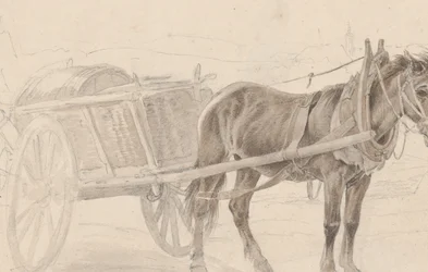 Uma carroça puxada por um cavalo marrom perto de um poste de luz, Verso: Um grupo de oficiais montados, ca. 1815.