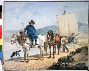 "Um cavalo e uma carroça no rio". Cavalos ao longo de um rio a rebocar um barco ou utilizados para descarregar mercadorias num caminho de reboque". Pintura de Johann Adam Klein (1792-1875)