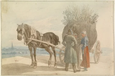 Camponeses austríacos com um cavalo e uma carroça, com Viena ao longe