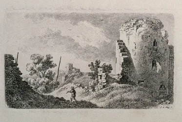 Castelo em ruínas com um homem