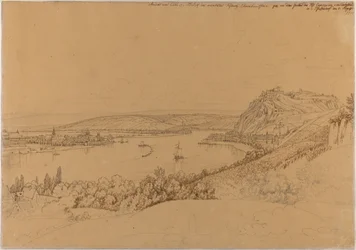 Vista de Koblenz com o Reno e a fortaleza Ehrenbreitstein (frente); vista do castelo de Heidelberg (verso)