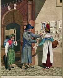 Um vendedor ambulante de baladas e estampas populares, aprendiz de sapateiro, de uma série de Tipos vienenses por volta de 1810 ...