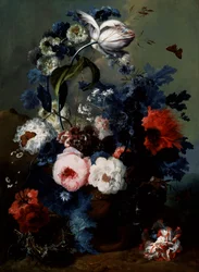 Natureza morta de rosas, papoilas e íris. Pintura de Johann Baptist Drechsler (1756-1811) Coleção particular.