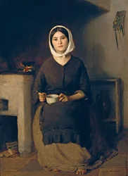 Mulher sentada numa cozinha camponesa