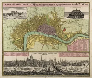 Mapa e Perspectiva de Londres, c.1710 (gravura colorida à mão)
