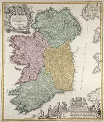 Mapa da Irlanda mostrando as Províncias de Ulster, Munster, Connaught e Leinster, por Johann B. Homann, c.1730 (gravura colorida à mão)
