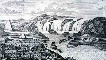 As Cataratas do Nilo e as Ruínas de Tebas, Egipto, de "Entwurf einer historischen Architektur", gravado por Johann Adam Delsenbach (1687-1765) 1721 (gravura)