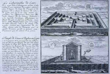 O Labirinto em Creta e o Templo de Vénus, Pafos, Chipre, ambos retirados de desenhos encontrados em antigas moedas romanas do "Entwurf einer historischen Architektur".