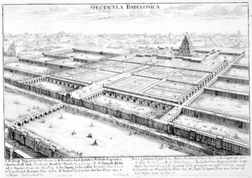 Vista da Babilônia Antiga mostrando os Jardins Suspensos e o Templo de Júpiter Belus, placa 3 de "Entwurf einer historischen Architektur", gravada por Johann Adam Delsenbach (1687-1765) 1721 (gravura)