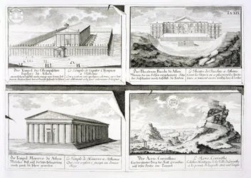 Vistas de quatro edifícios clássicos: O Templo de Zeus Olímpico, o Teatro de Dionísio em Atenas, o Templo de Atenas em Atenas e um Templo em Corinto, a partir de Entwurf einer historischen Architektur,