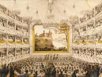 Áustria, Viena, Interior do Teatro an der Wien (Teatro de Viena), impressão em aquarela de J.C. Schoeller