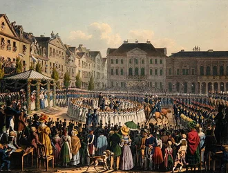 Cerimônia de Consagração da Bandeira da Guarda Cidadã de Kassel em 1831 (cor litho)
