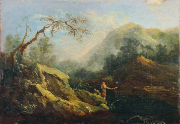 Paisagem montanhosa com pescador