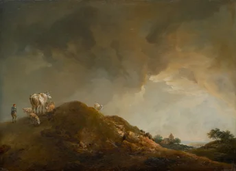 Paisagem montanhosa com vacas e ovelhas