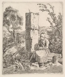 Uma velha senhora sentada perto de um pilar na beira da estrada, 1819.