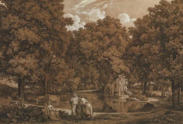 Paisagem Arcadian com três figuras em um lago, 1792.