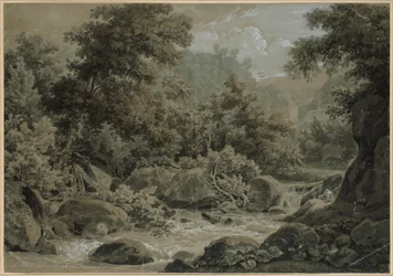 Paisagem montanhosa e florestal, com um riacho em primeiro plano