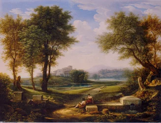 Alemão: paisagem ideal com dois pastores junto a uma fonte.