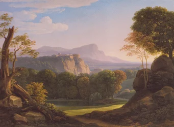 Alemão: Italienische Landschaft mit Schloss auf einem Bergrücken Paisagem italiana com um castelo num cume