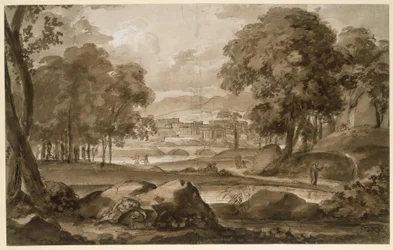 Grande paisagem florestal com cidade antiga e figuras de enquadramento