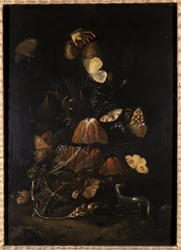 Flores com borboletas e lagarto (óleo em madeira de carvalho)