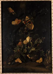 Flores com borboletas e sapo (óleo sobre madeira de carvalho)