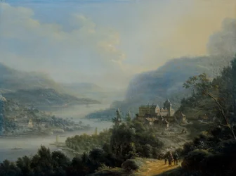 Uma extensa paisagem de Rheinish com viajantes numa estrada junto a um castelo