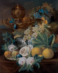 Natureza morta com frutas e flores