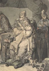 A Woman at her Toilet with a Maid, a Boy, a Dog and a Young Soldier, verso: A Sketch..., 1770.