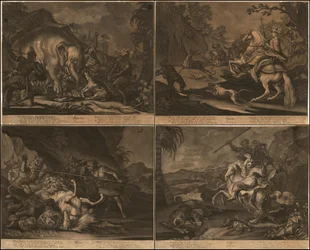 Ca. 1770 mezzotints alegóricos de África, Ásia, América e Europa numa página
