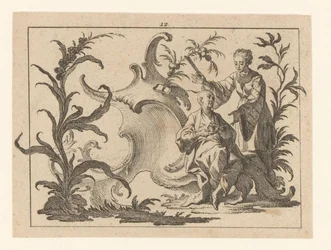 Chinês com xícara e pires sentado em um ornamento rococó, ao lado dele está uma mulher com ventilador Fumantes em ornamento rococó (título da série)