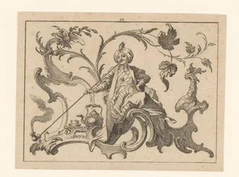 Fumador de tubos com turbante sentado num ornamento rococó, ao seu lado um jarro, uma chávena e um pires
Fumadores sobre um ornamento rococó (título da série)