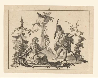 Mulher sentada com ao seu lado um homem de pé com um cano num ornamento rococó
Fumadores em ornamento rococó (título da série)