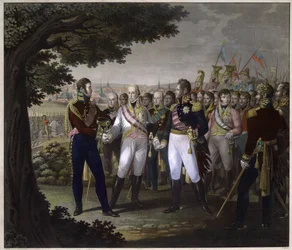 O czar russo Alexandre I (1777-1825), o imperador austríaco Francisco I (1768-1835) e o rei prussiano Frederic Guilherme (Frederic-Guillaume) III em Praga, a 18 de Março de 1813 - O encontro entre os imperadores Francisco I da Áustria, Alexandre I da Rússi