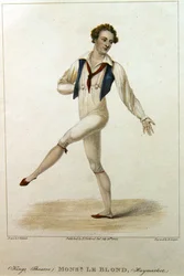 Retrato de Monsieur Le Blond, dançarino do Haymarket Theatre, Londres, dançando com a perna e o braço estendidos, gravado por R. Cooper